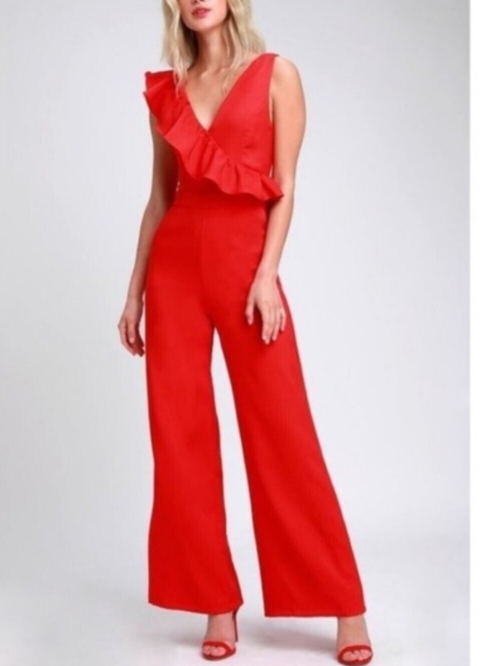 DO+BE Red One-Shoulder Ruffle Wide-Leg Jumpsuit
